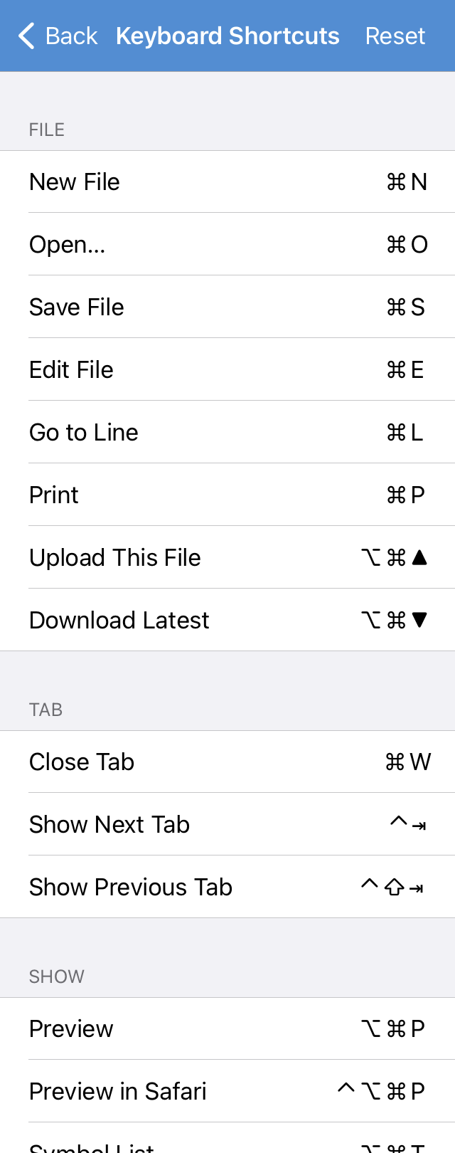 Keyboard Shortcuts — Textastic 9.8 documentation